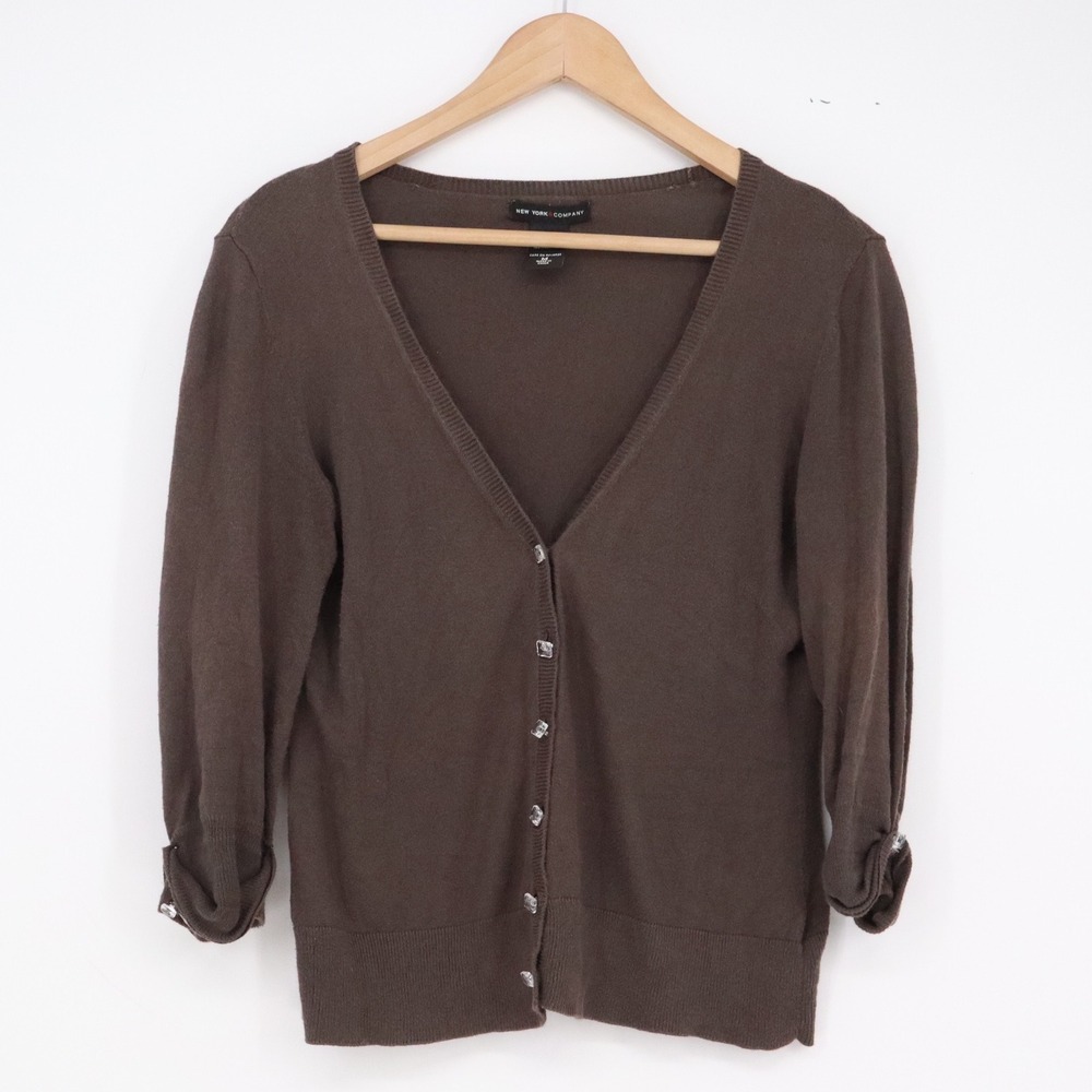 NY & Co Cardigan Womens M Button-Down Brown 3/4 Sleeve Cotton Excellent
